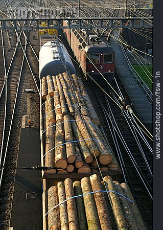 
                Lokomotive, Güterwagen, Holztransport                   