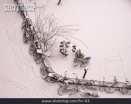 
                Vogelperspektive, Fahrrad, Schnee, Geländer                   