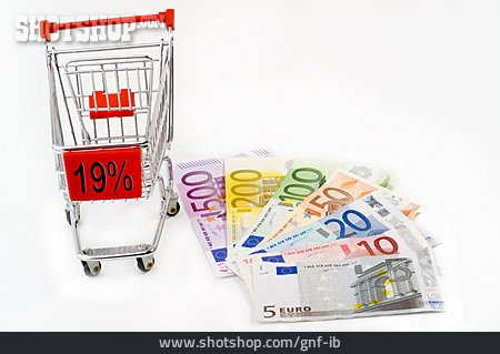 
                Geldschein, Einkaufswagen, Mehrwertsteuererhöhung, 19%                   