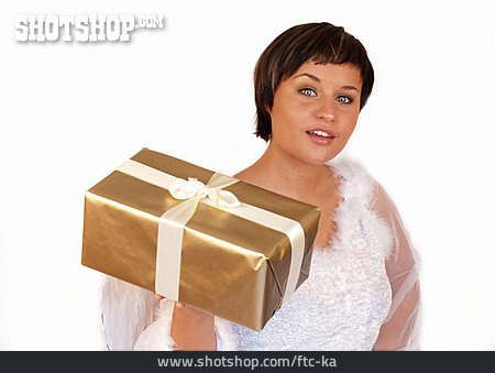 
                Junge Frau, Geschenk, Weihnachtsengel                   