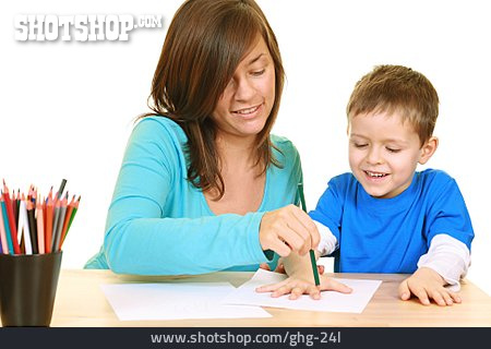 
                Mutter, Spaß & Vergnügen, Buntstift, Zeichnen, Sohn                   