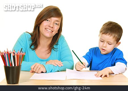 
                Mutter, Buntstift, Zeichnen, Sohn, Hausaufgabe                   