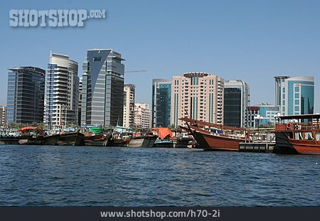 
                Boot, Hafen, Hochhaus, Dubai, Moderne Architektur                   