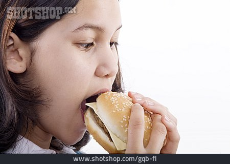 
                Mädchen, Essen, Cheeseburger, Abbeißen                   