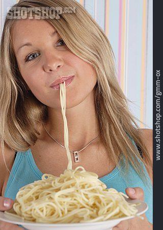 
                Mädchen, Junge Frau, Essen, Spaghetti                   