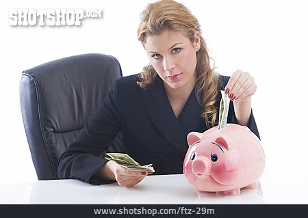 
                Geschäftsfrau, Sparen, Sparschwein, Dollar                   