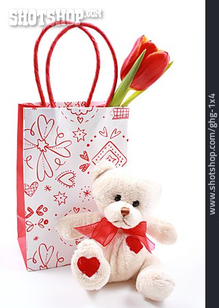
                Geschenk, Valentinstag, Teddybär, Geschenktüte                   