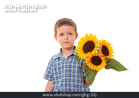 
                Junge, Sonnenblume, Blumenstrauß, Blumengeschenk                   