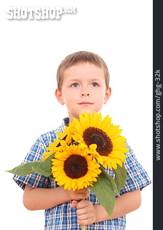
                Junge, Sonnenblume, Blumenstrauß, Blumengeschenk                   