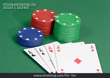 
                Spielkarten, Poker, Vier Asse, Jetons                   