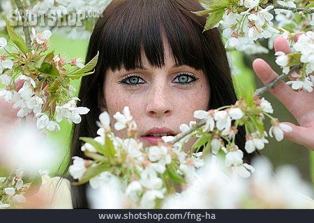 
                Frau, Kirschblüte, Frühling, Sommersprossen                   