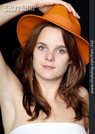 
                Young Woman, Woman, Hat, Holding, Serious                   