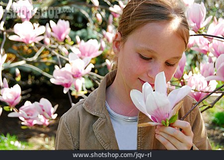 
                Mädchen, Magnolienblüte, Riechen                   