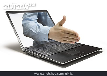 
                Mobile Kommunikation, Laptop, Handschlag                   
