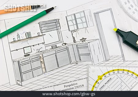 
                Innenarchitektur, Küche, Zeichnung, Raumplanung                   