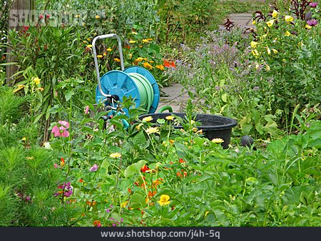 
                Garten, Gartenarbeit, Blumenbeet, Schlauchrolle                   