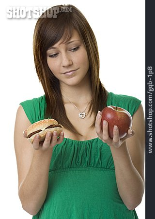 
                Gesunde Ernährung, Apfel, Gegensatz, Cheeseburger                   
