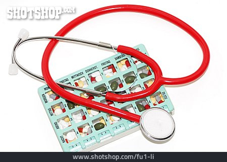 
                Dosierung, Stethoskop, Tablettenbox                   