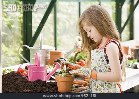 
                Mädchen, Gartenarbeit, Einpflanzen, Umtopfen                   