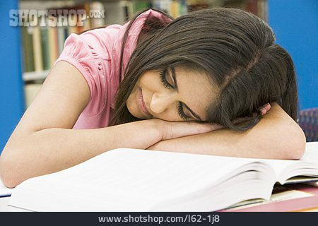 
                Schlafen, Bibliothek, Studentin                   