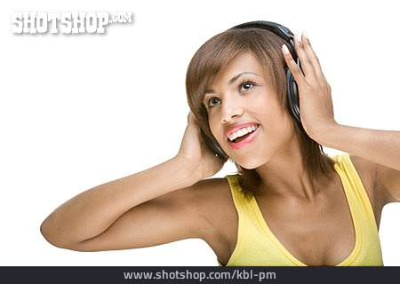 
                Junge Frau, Begeistert, Kopfhörer, Musik Hören                   
