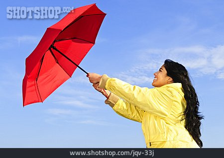 
                Frau, Regenschirm, Windig                   