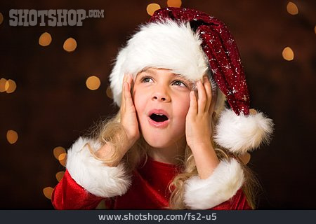 
                Mädchen, überrascht, Weihnachtsmütze, Staunen                   