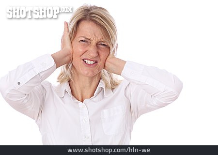 
                Frau, Streß & Belastung, Laut, Ohren Zuhalten                   