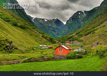 
                Gebirge, Bauernhof, Norwegen                   