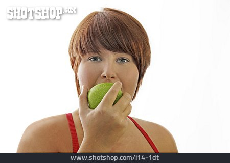 
                Junge Frau, Gesunde Ernährung, Apfel, Abbeißen                   