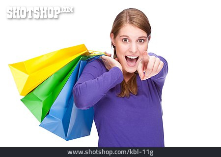 
                Junge Frau, Einkaufen, Zeigen, Kaufrausch                   