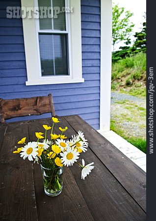 
                Blumenstrauß, Holzhaus, Terrasse                   