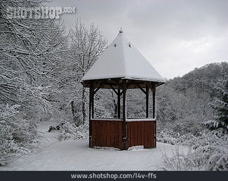 
                Verschneit, Holzhütte, Pavillon                   