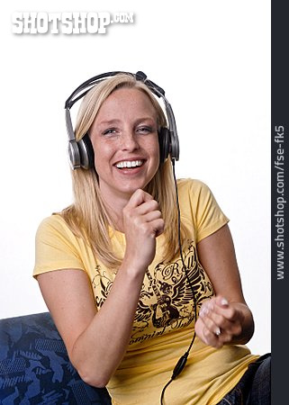 
                Young Woman, Headphones, Listening Music                   