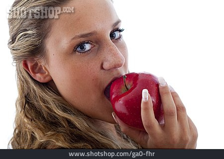 
                Junge Frau, Frau, Essen, Apfel, Reinbeißen                   