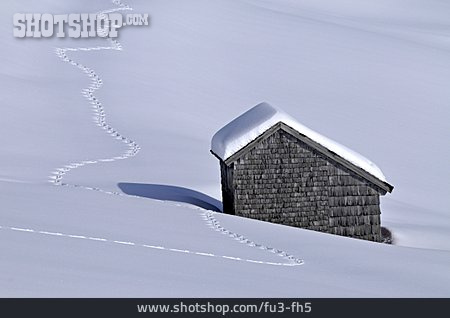 
                Winter, Hütte, Schneespur                   