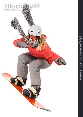 
                Junge Frau, Snowboard, Snowboardfahren                   