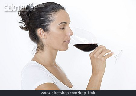 
                Frau, Rotweinglas, Weinprobe                   