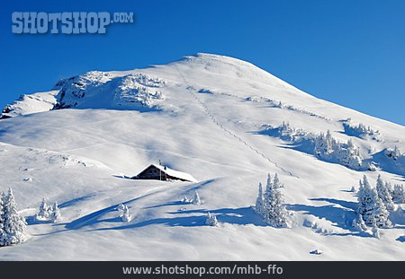 
                Berg, Winterlandschaft, Verschneit, Berghütte, Skipiste, Skihütte                   