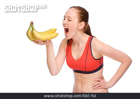 
                Junge Frau, Gesunde Ernährung, Appetit, Banane                   