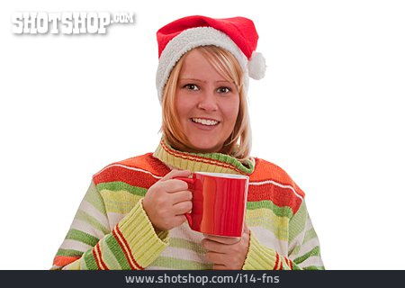 
                Junge Frau, Weihnachtsmütze, Tasse                   
