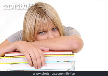
                Müde, Bildung, Studentin, Bücherstapel                   