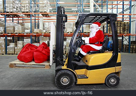 
                Logistik, Weihnachtsmann, Gabelstapler, Weihnachtsvorbereitung                   