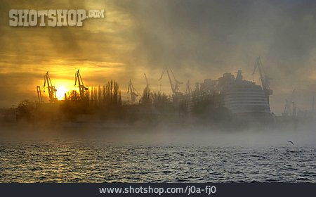 
                Kreuzfahrtschiff, Nebelschwaden, Hamburger Hafen                   