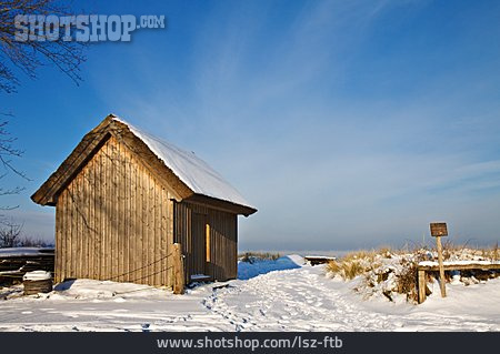 
                Winter, Verschneit, Hütte, Bootshaus                   