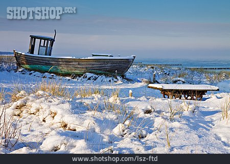 
                Strand, Winter, Verschneit, Fischerboot                   