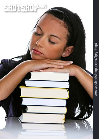 
                Schlafen, Studentin, Bücherstapel                   