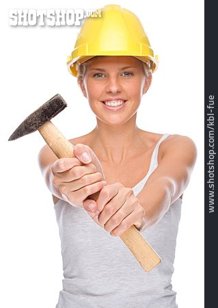 
                Junge Frau, Hammer, Bauarbeiterin                   
