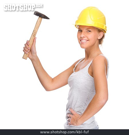 
                Junge Frau, Hammer, Bauarbeiterin                   