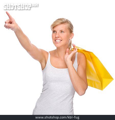 
                Junge Frau, Einkauf & Shopping, Zeigen, Einkaufstüte                   